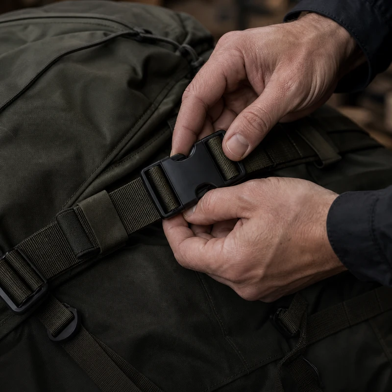 Hands reviewing a backpack buckle and webbing
