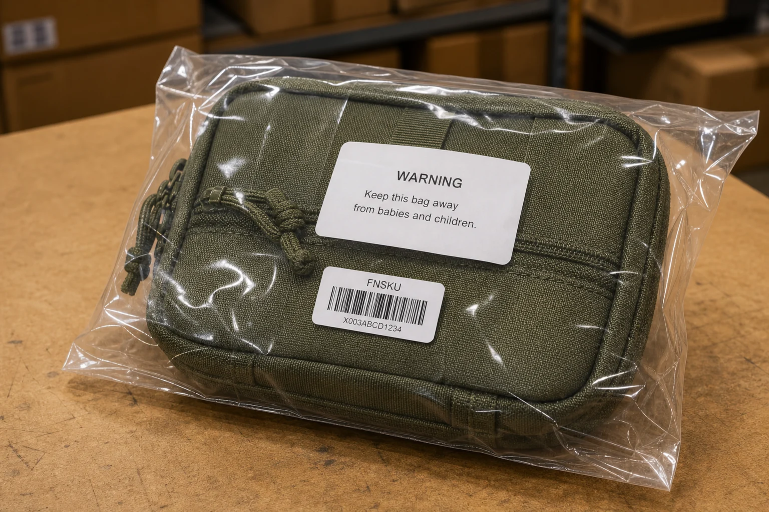 Outdoor product in a clear poly bag with warning and barcode labels.