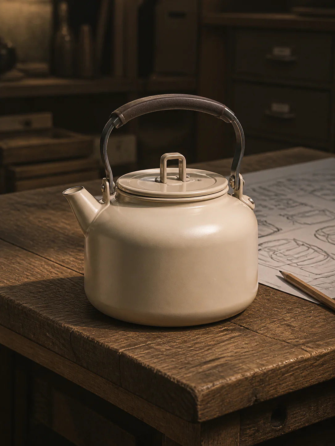 Early cream kettle prototype beside product sketches