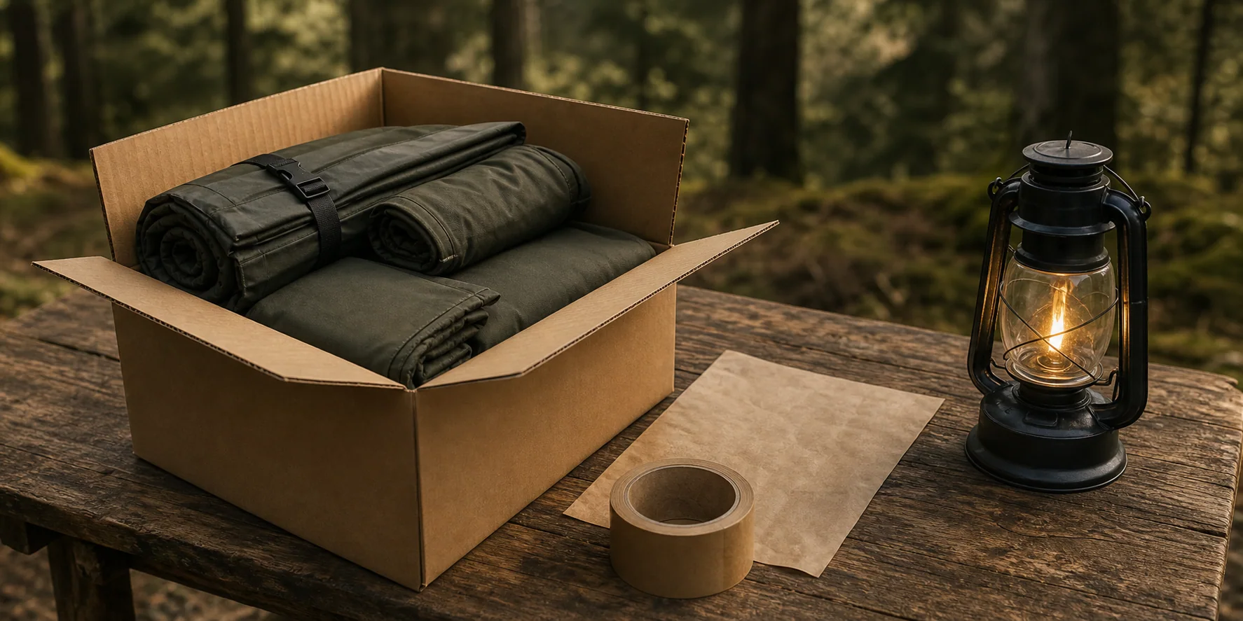 Outdoor products being prepared in a shipping carton beside a camp lantern