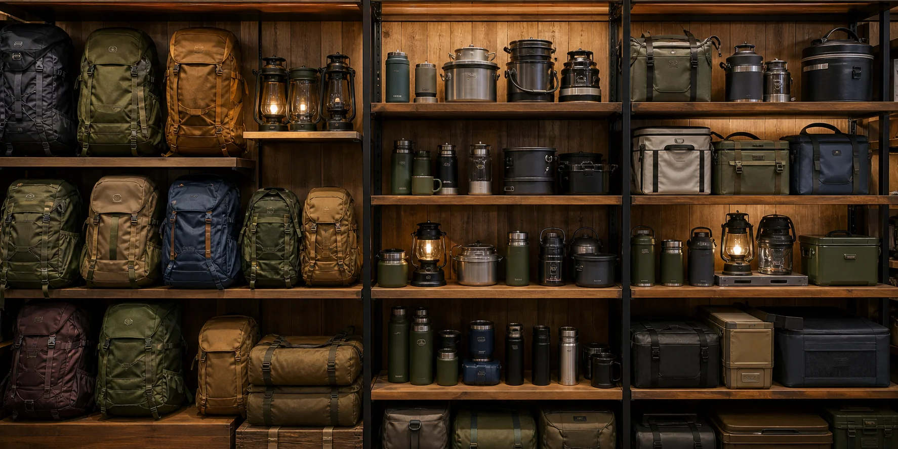 Outdoor equipment arranged on timber retail shelving